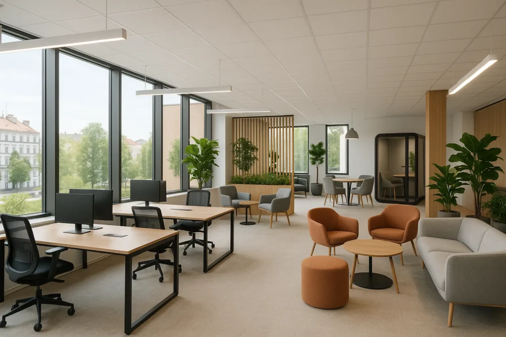 Nowoczesne biuro serwisowane z jasnym wnętrzem, ergonomicznymi stanowiskami pracy i zielonymi akcentami.
