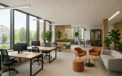 Nowoczesne biuro serwisowane z jasnym wnętrzem, ergonomicznymi stanowiskami pracy i zielonymi akcentami.