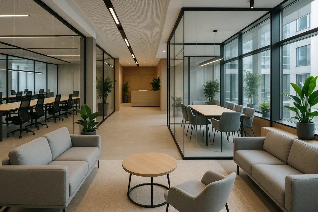 Nowoczesne centrum biznesowe z elegancką salą konferencyjną i przestrzenią coworkingową pełną światła i stylowego designu.