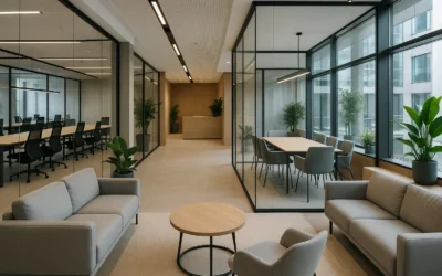 Nowoczesne centrum biznesowe z elegancką salą konferencyjną i przestrzenią coworkingową pełną światła i stylowego designu.